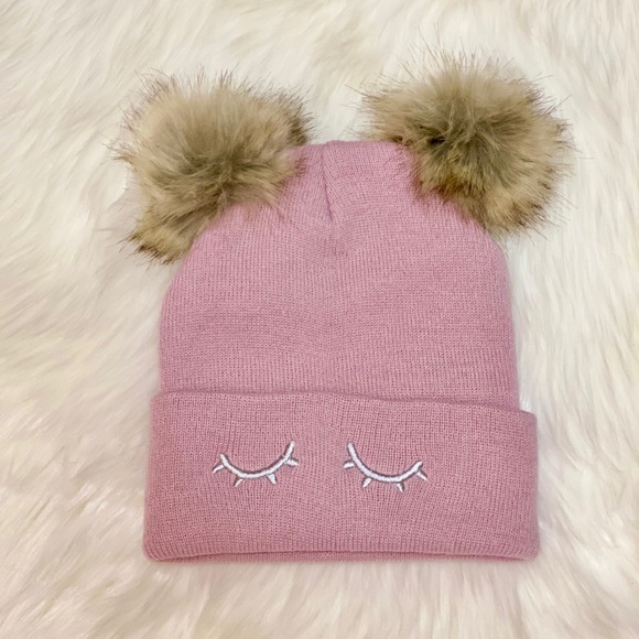 None Accessories - Pink Double Pom Faux Fur Knitted Beanie Hat